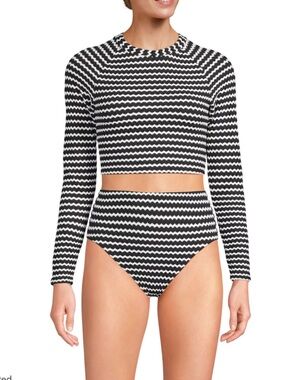 Lands' End 10-12 Women Black & White Long Sleeve Bikini Crochet High Waist